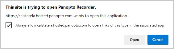 Web browser prompt for opening Panopto Recorder
