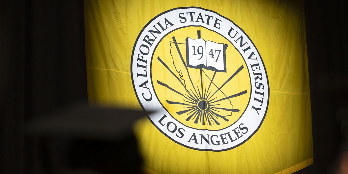 A hanging Cal State LA banner.
