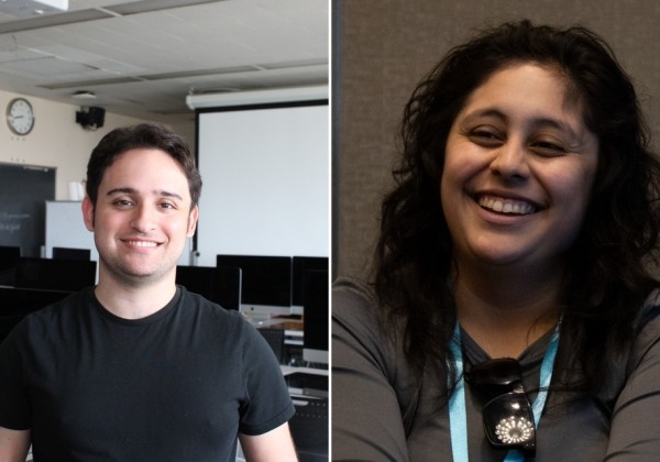 Side-by-side portraits of Cal State LA students Jackson Tammariello and a Sasha Funes. Jackson is pictured in a computer lab wearing a black shirt, and Sasha Funes is smiling in a session room wearing a gray top with a lanyard.